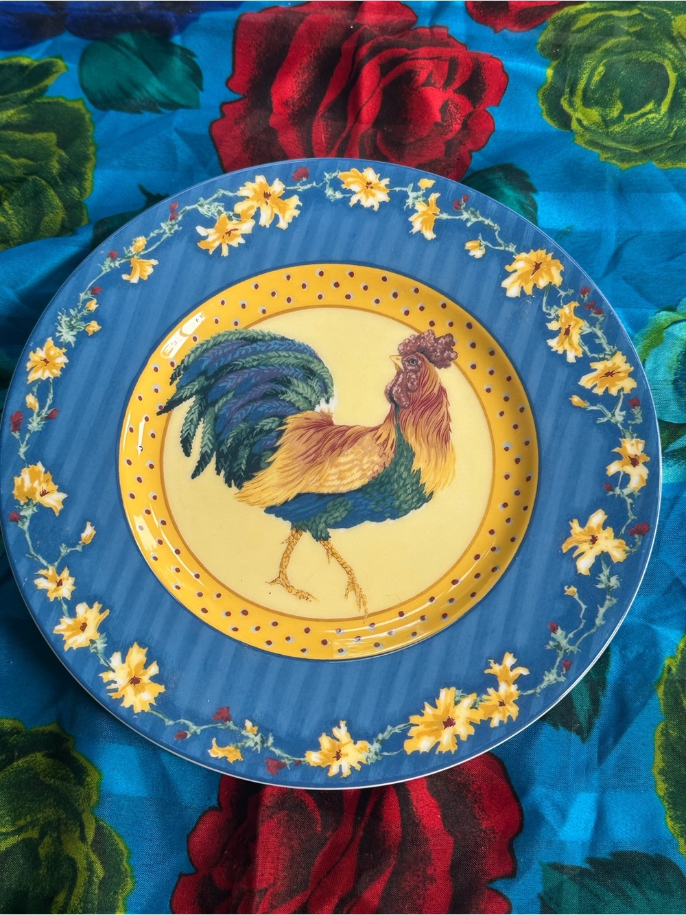 Blue and Yellow Rooster Decorative Dinner Plate -Fitz & Floyd